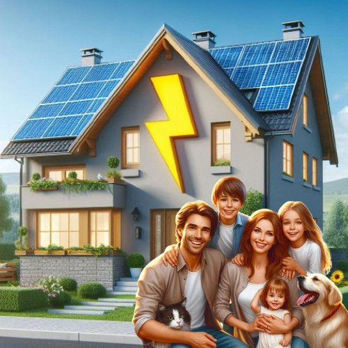 Familie vor modernen Energie Haus mit Wärmepumpe und Photovoltaik