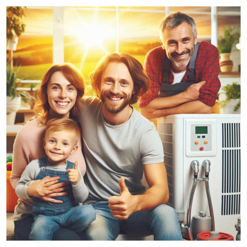 Familie mit Kind vor ihrem energieeffizienten Zuhause mit Wärmepumpe und Photovoltaikanlage